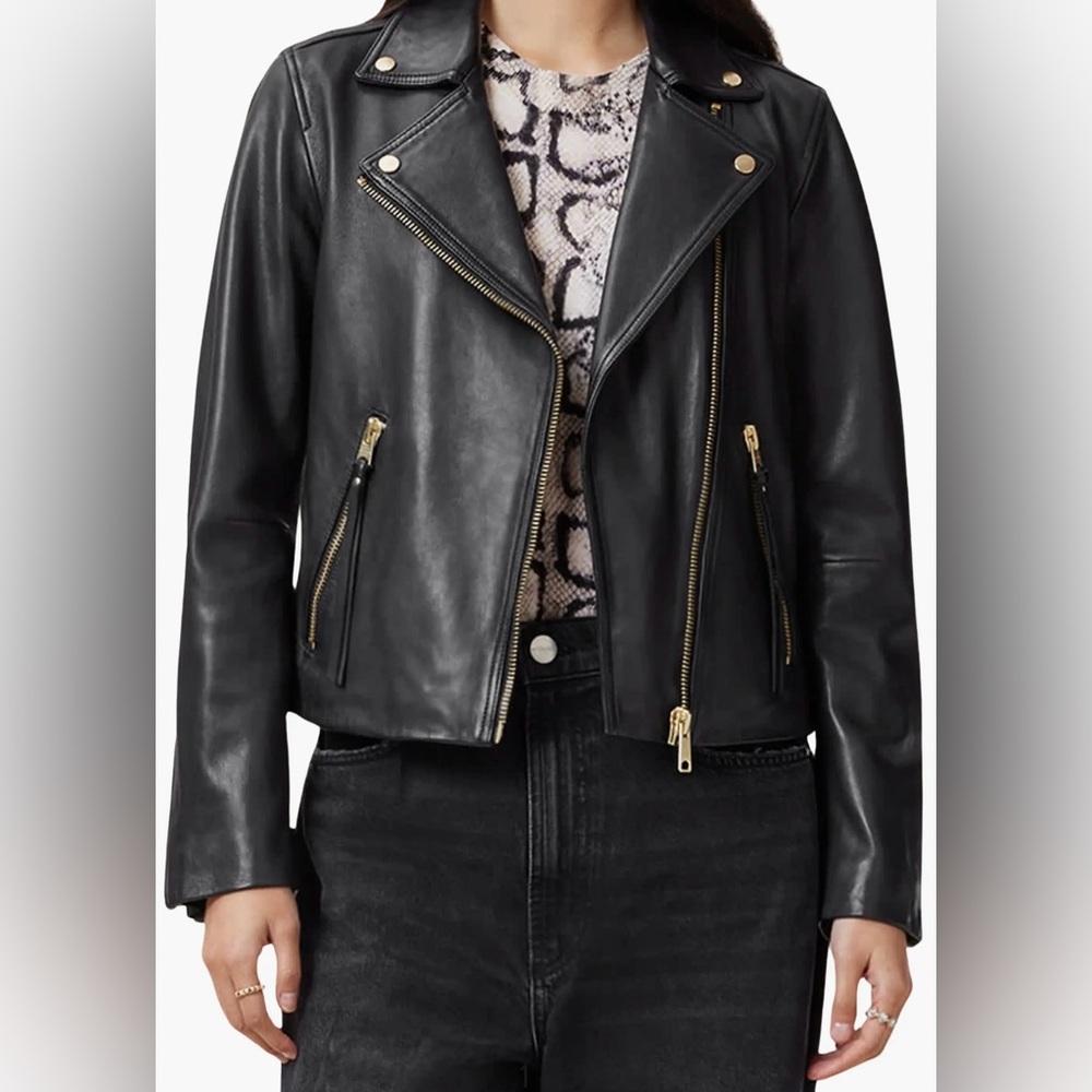 All Saints Dalby Slim Fit Black Leather Biker Jacket - Size 8